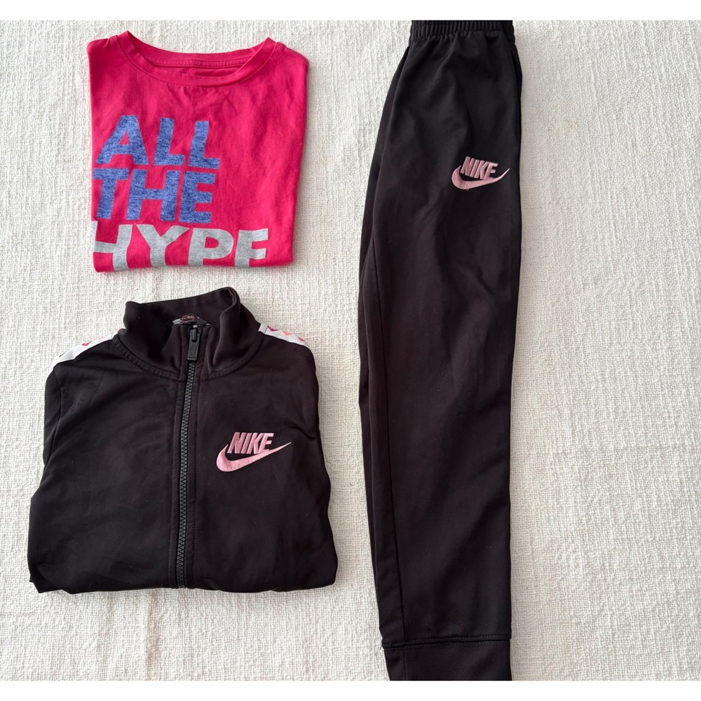 Nike Girls 3 Piece Tracksuit Set Black Pink Heart Tape Jacket Pants Shirt 6 6X